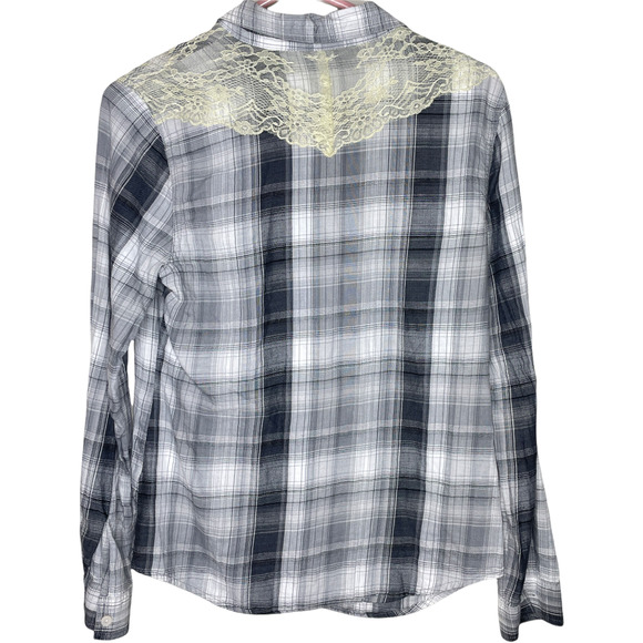 A.L.C Gray Black Plaid Lace Button Down Flannel Shirt Women's Size Small - Picture 2 of 5